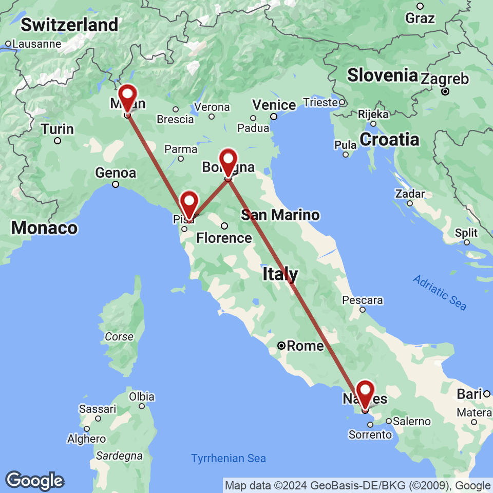 Route for Naples, Bologna, Lucca, Milan tour